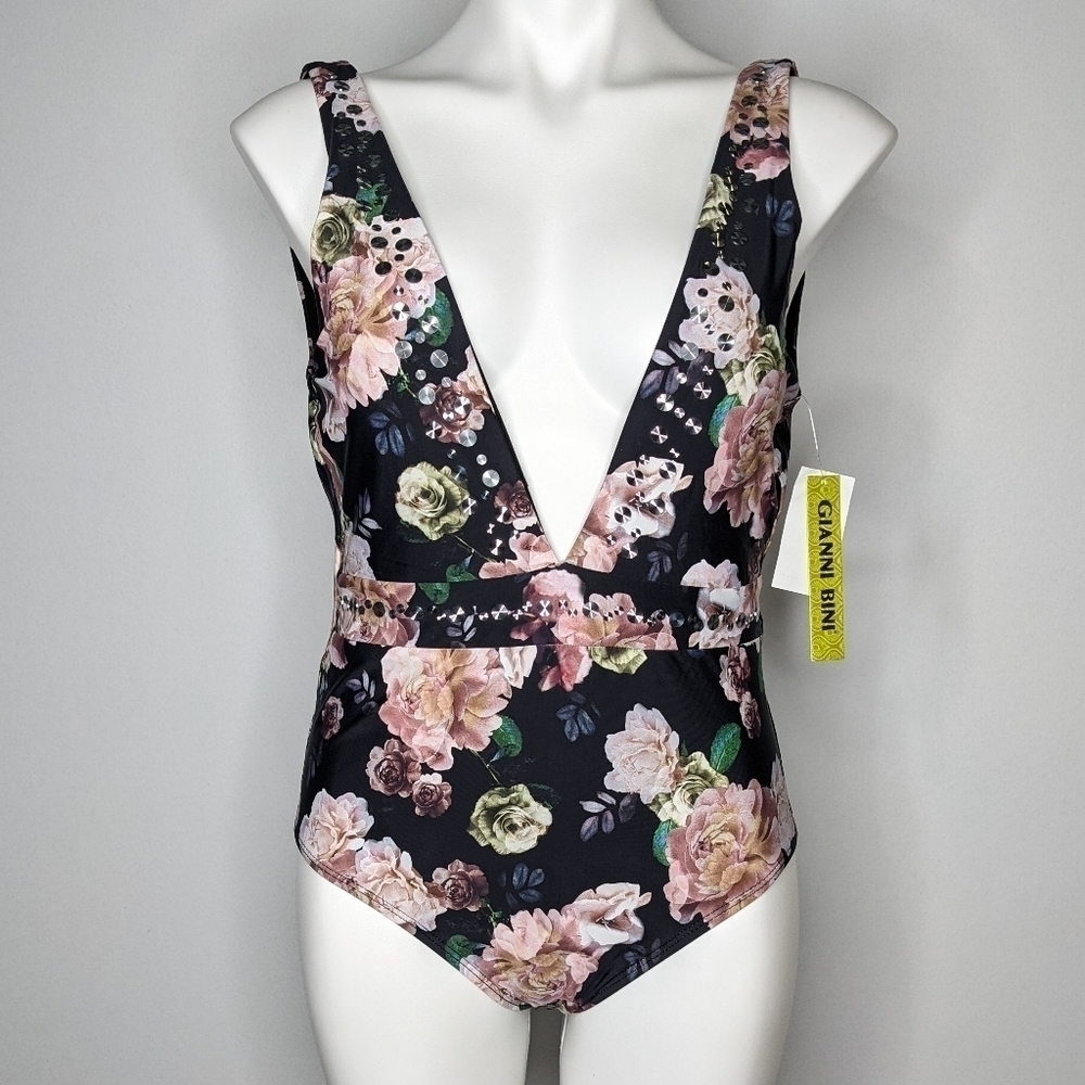 NWT Gianni Bini Midnight Garden PlungeOne-Piece Swimsuit